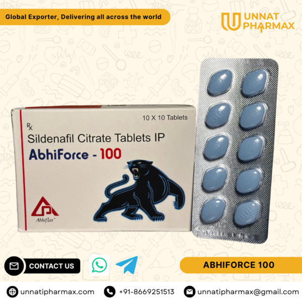 Abhiforce 100 mg Sildenafil Citrate Tablet pack Abhiforce 100 mg tablets for erectile dysfunction treatment Buy Abhiforce 100 mg Sildenafil Citrate online at Unnati Pharmax Abhiforce 100 Sildenafil Citrate blue tablets Abhiforce 100 ED medicine online in India Sildenafil Citrate 100 mg tablets Abhiforce packaging Abhiforce 100 mg tablets improve male sexual performance Genuine Abhiforce 100 mg Sildenafil Citrate tablets