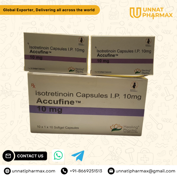 Accufine Isotretinoin 10 mg capsules with packaging displayed on a clean background.