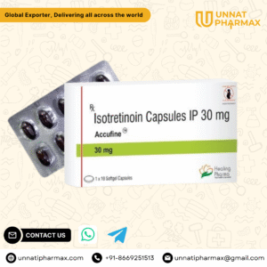 Accufine Isotretinoin 30 mg capsules displayed with packaging.