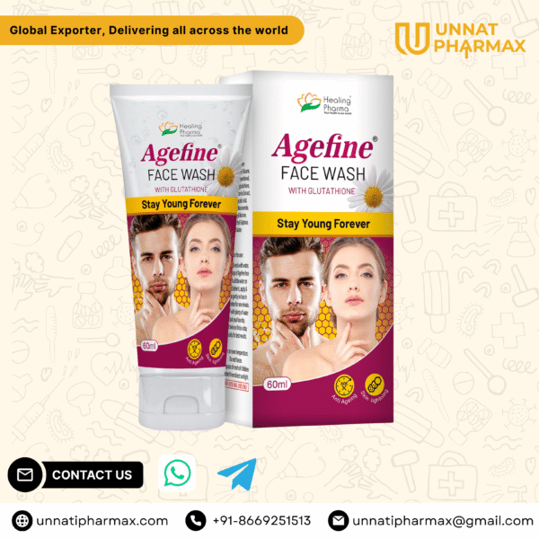 Close-up image of Agefine Face Wash tube, showing label and packaging design. by unnati pharmax