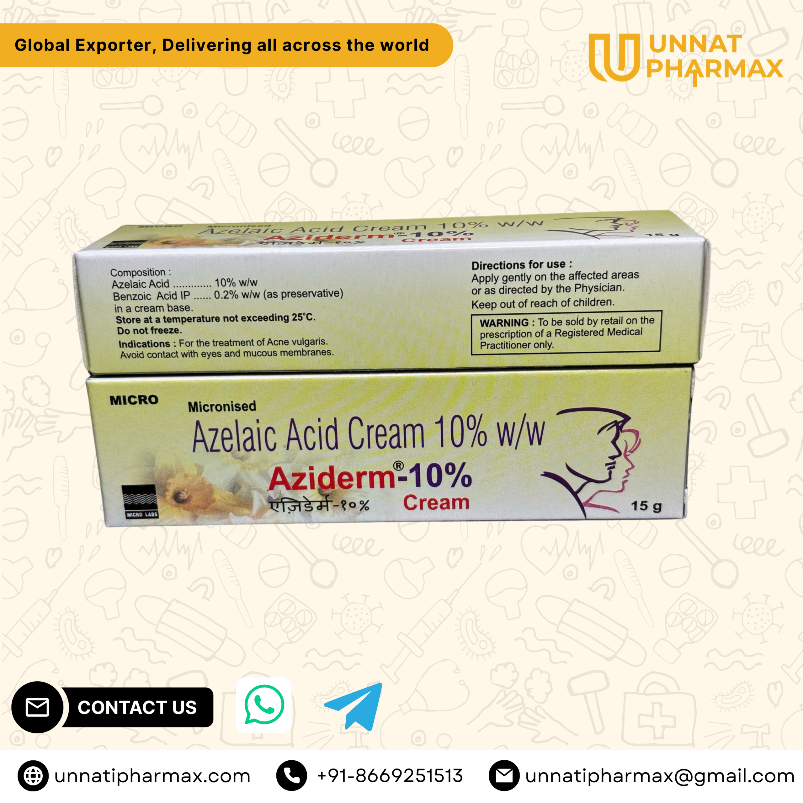 Aziderm Azelaic Acid (10% ww) Cream Aziderm Azelaic Acid 10% Cream tube packaging displayed on a clean background.
