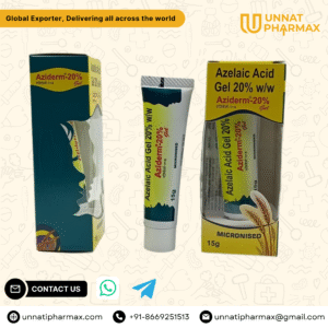 Aziderm Azelaic Acid 20% Gel tube packaging displayed on a clean background.