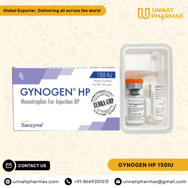 Gynogen HP 150 IU Menotrophin Injection for female infertility, male hypogonadism, and male infertility.