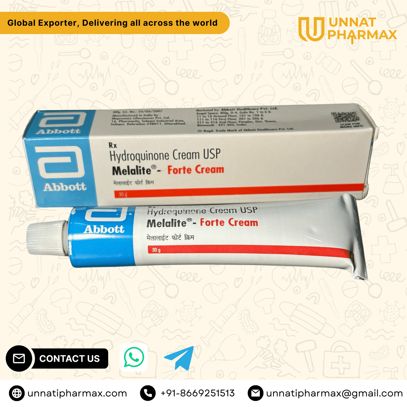 Melalite Forte Cream Hydroquinone Cream Melalite Forte Hydroquinone Cream tube packaging displayed on a clean background.