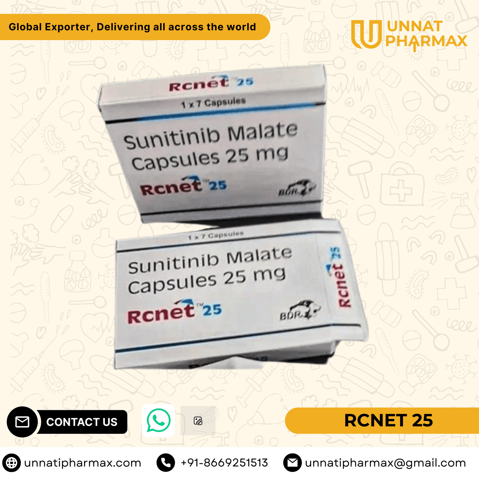 Rcnet 25mg Capsules: A Targeted Therapy for Multiple Cancers Rcnet 25mg Sunitinib capsules for kidney cancer, GIST, and pancreatic neuroendocrine tumors.