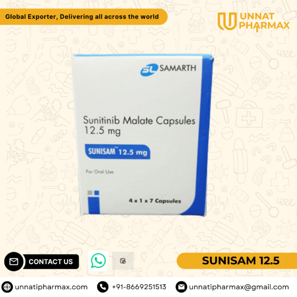 Sunisam 12.5mg Sunitinib capsules for kidney cancer, GIST, and pancreatic neuroendocrine tumors.