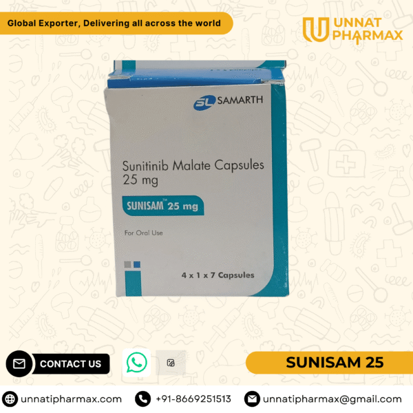 Sunisam 25mg Sunitinib capsules for kidney cancer, GIST, and pancreatic neuroendocrine tumors.