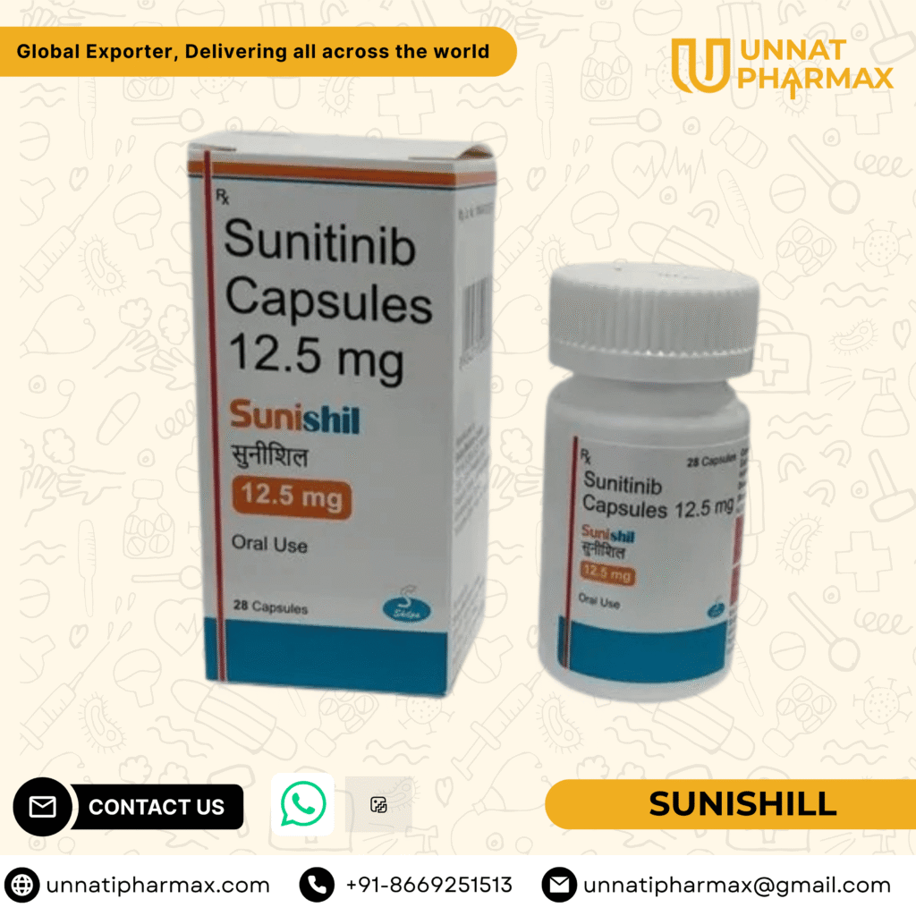 Sunishil 12.5mg Sunitinib capsules for kidney cancer, GIST, and pancreatic neuroendocrine tumors.
