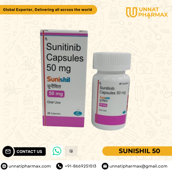 Sunishil 50mg Sunitinib capsules for advanced kidney cancer, GIST, and pancreatic neuroendocrine tumors.