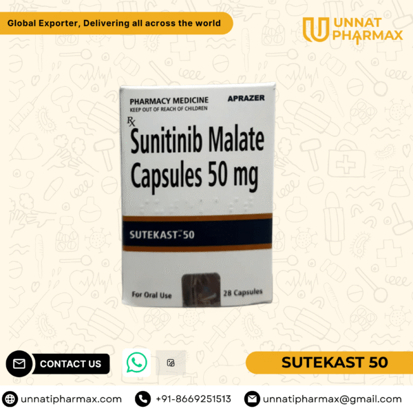 Sutekast 50mg Sunitinib capsules for kidney cancer, GIST, and pancreatic neuroendocrine tumors.