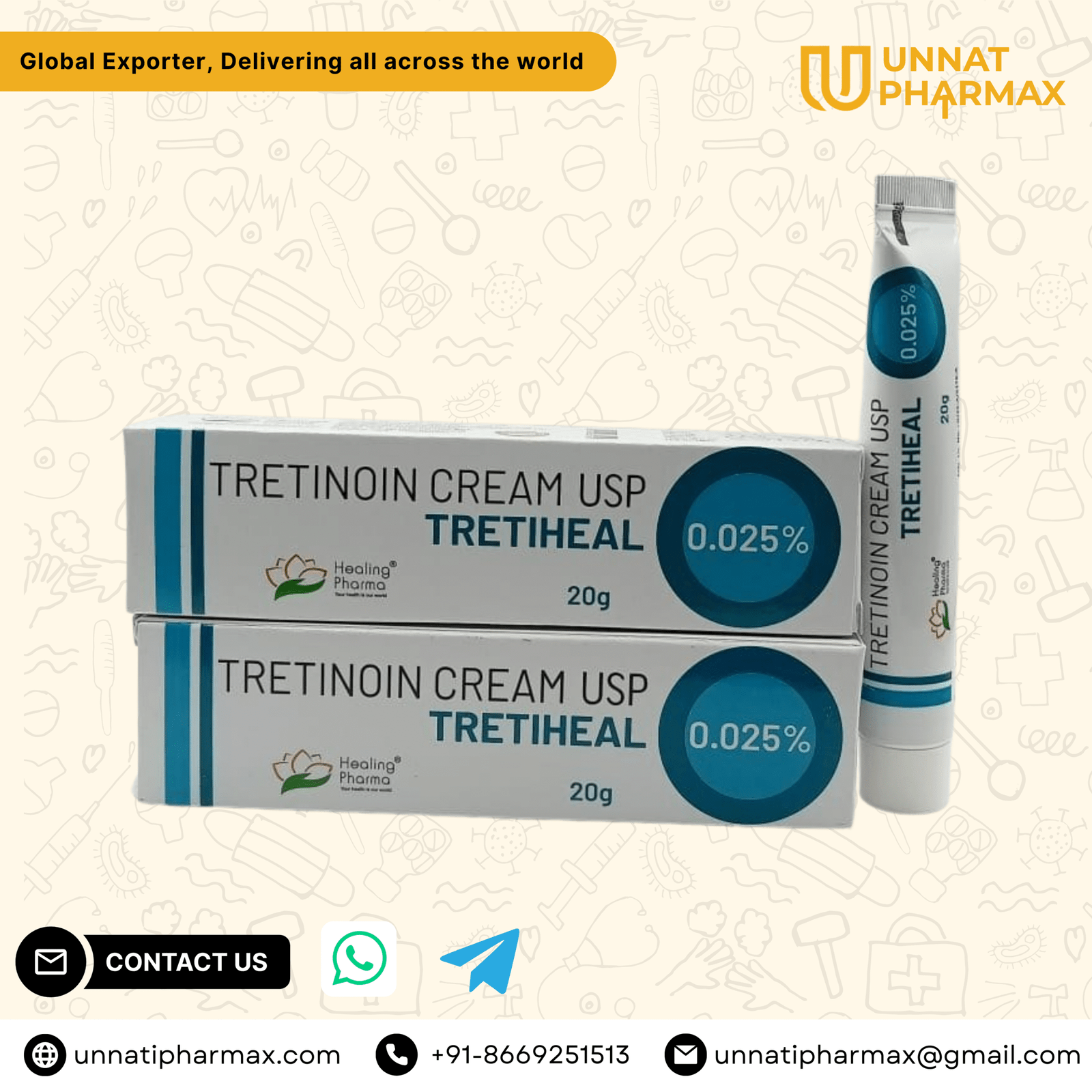 Tretiheal Tretinoin Cream 0.025 % Tretiheal Tretinoin Cream 0.025% tube packaging displayed on a clean background.