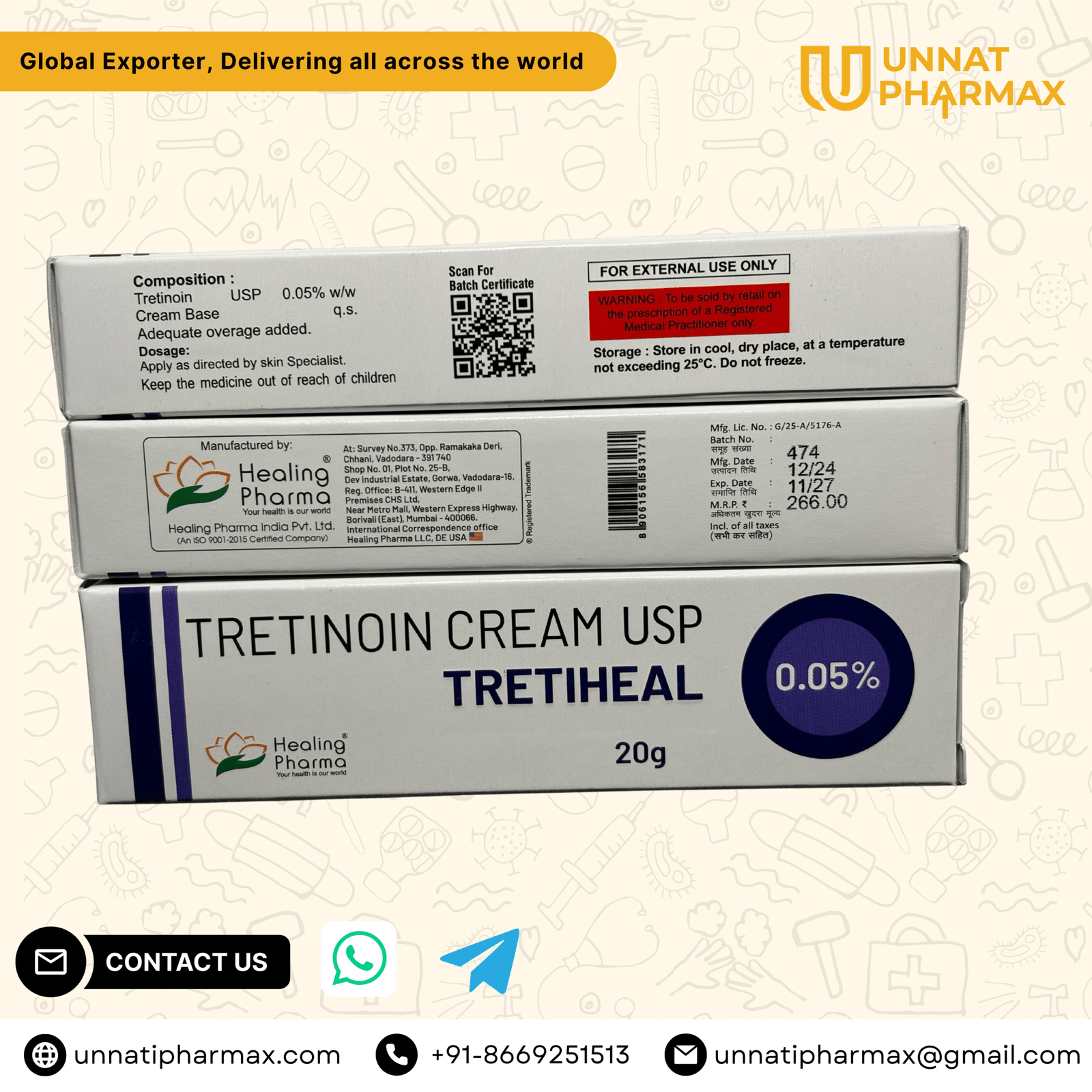 Tretiheal Tretinoin Cream 0.05% tube packaging displayed on a clean background.