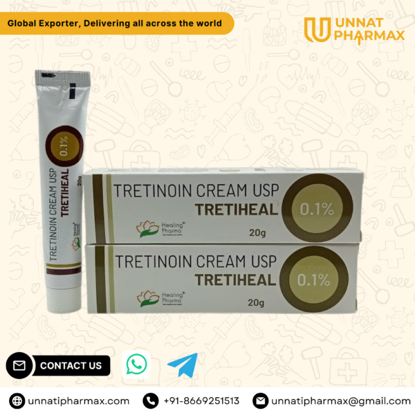 Tretiheal Tretinoin Cream 0.1% tube packaging displayed on a clean background.