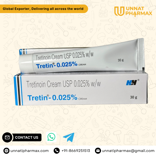 Tretin Tretinoin 0.025% Cream tube packaging displayed on a clean background.