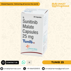 Tunib 25mg Sunitinib capsules for kidney cancer, GIST, and pancreatic neuroendocrine tumors.