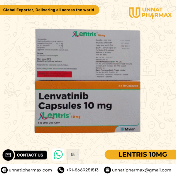 Lentris 10mg Lenvatinib Capsules for thyroid, kidney, liver, and endometrial cancers.